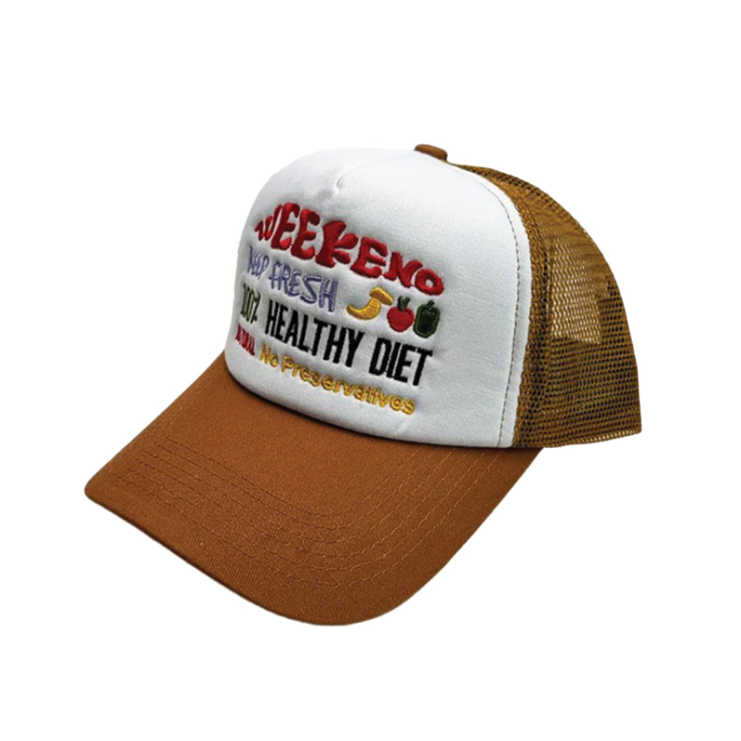 Colorblock trucker hat with breathable mesh and embroidered fresh fruit design in vibrant colors