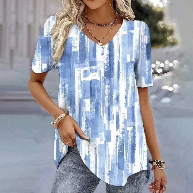 Women's black and white striped V-neck relaxed fit tee with flattering elongating neckline