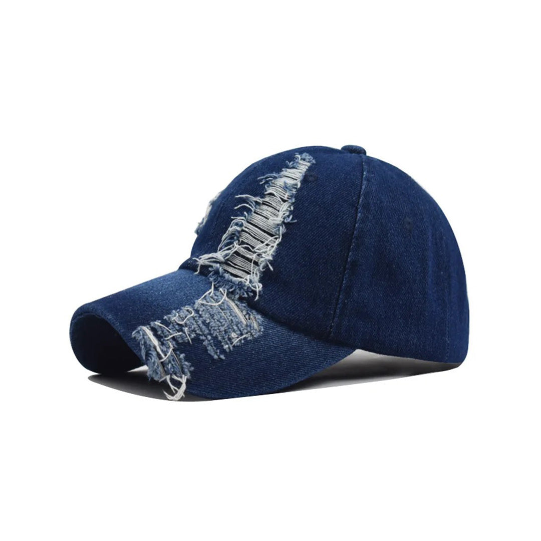 Vintage distressed denim baseball hat with torn fringe brim and adjustable strap