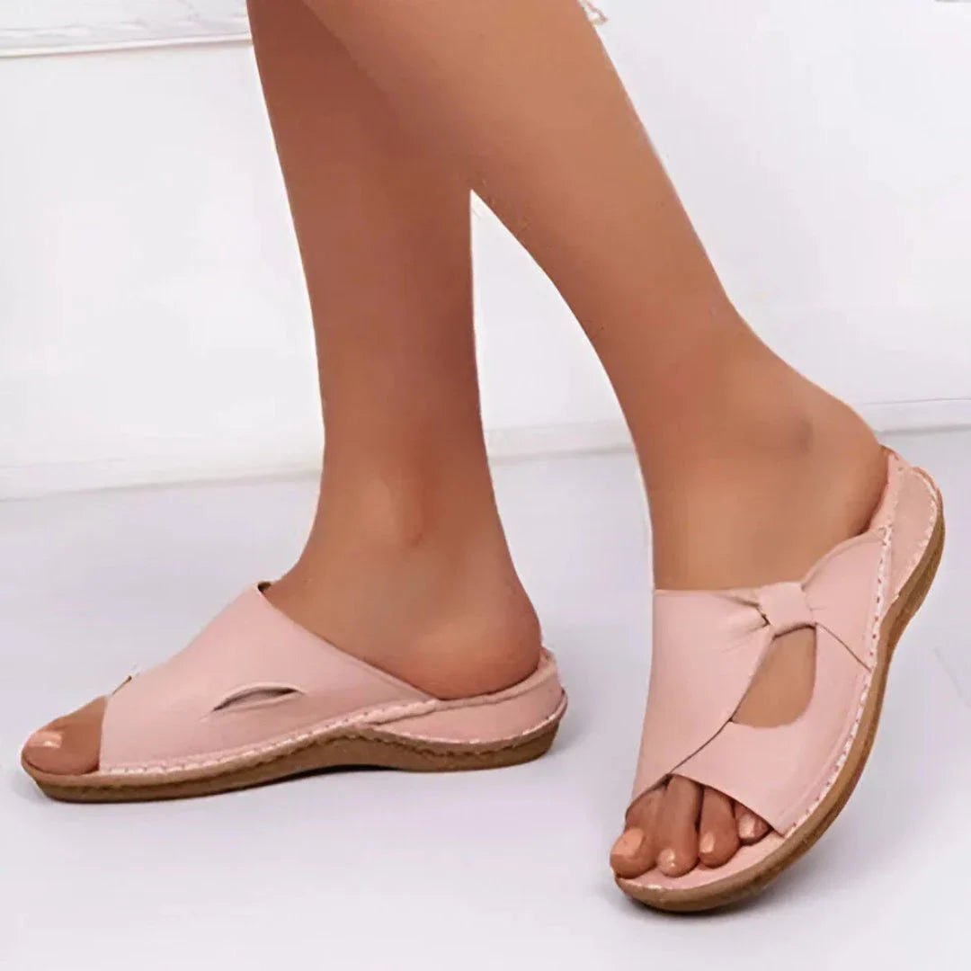 Niana beige PU leather open-toe slip-on wedge sandals with bow and cut-out detailing