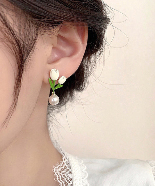 Boucles d'oreilles tulipes en alliage d'argent sterling et perles pour femmes - Wavlynn