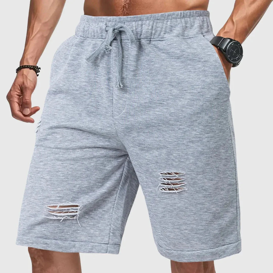 Men's distressed gray jogger shorts relaxed fit ripped detailing adjustable drawstring waistband