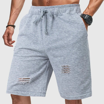 Men's distressed gray jogger shorts relaxed fit ripped detailing adjustable drawstring waistband