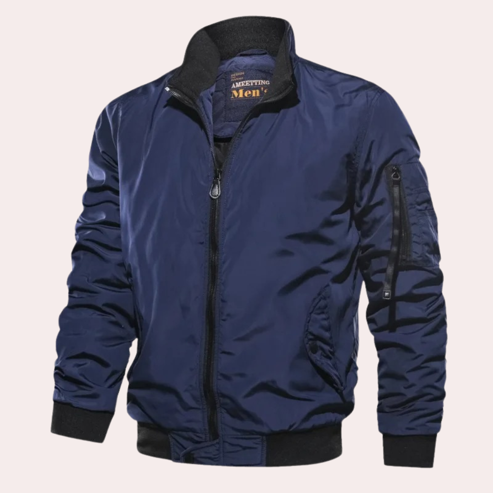 Men's lightweight olive green bomber jacket with ribbed cuffs, hem, and collar zip-up classic style