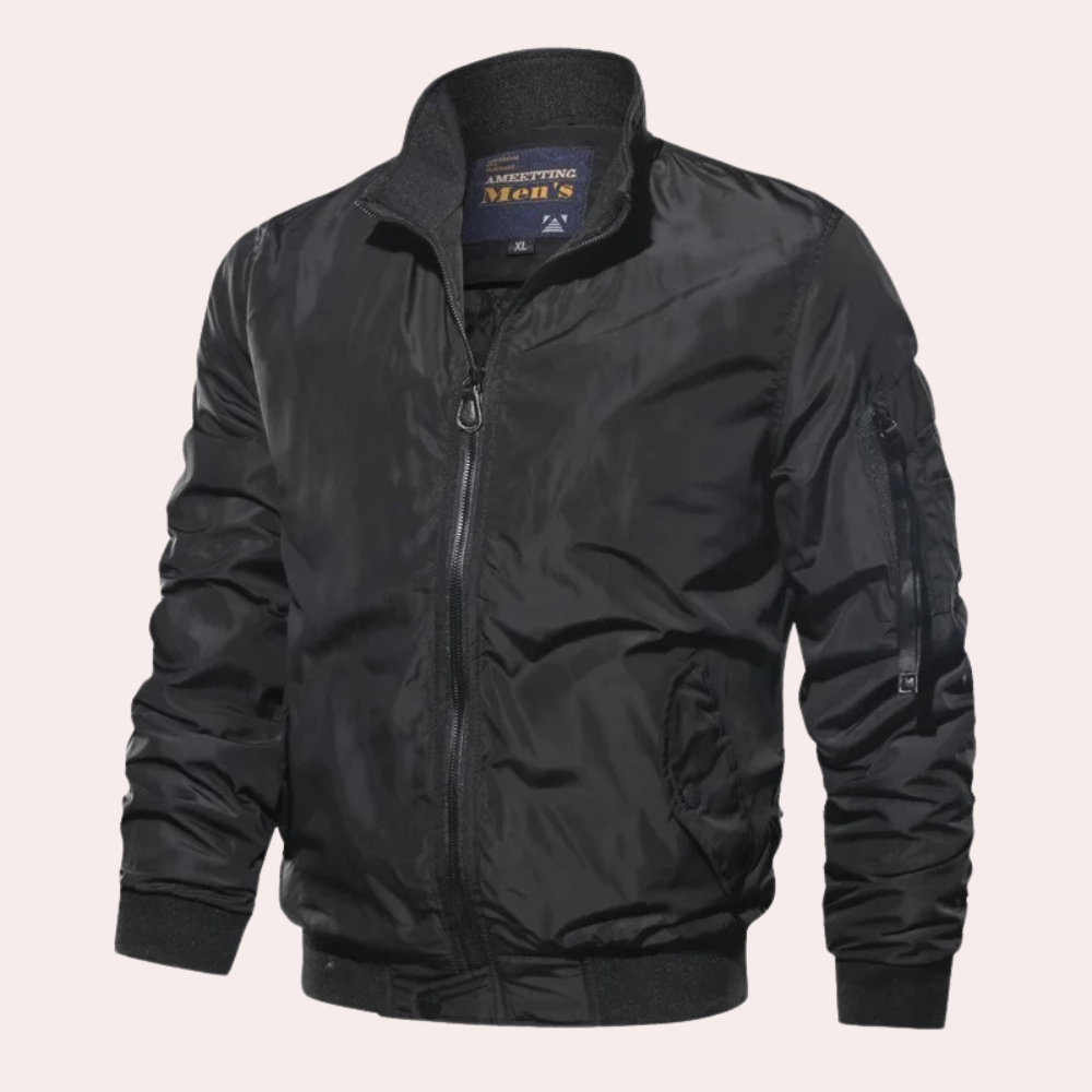 Men's lightweight olive green bomber jacket with ribbed cuffs, hem, and collar classic zip-up style