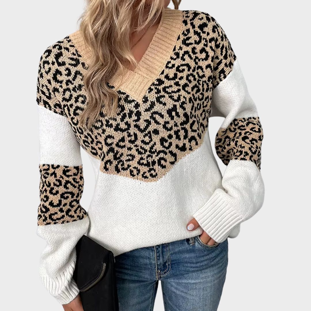 Elegant leopard print V-neck sweater with flattering neckline and chic wild pattern