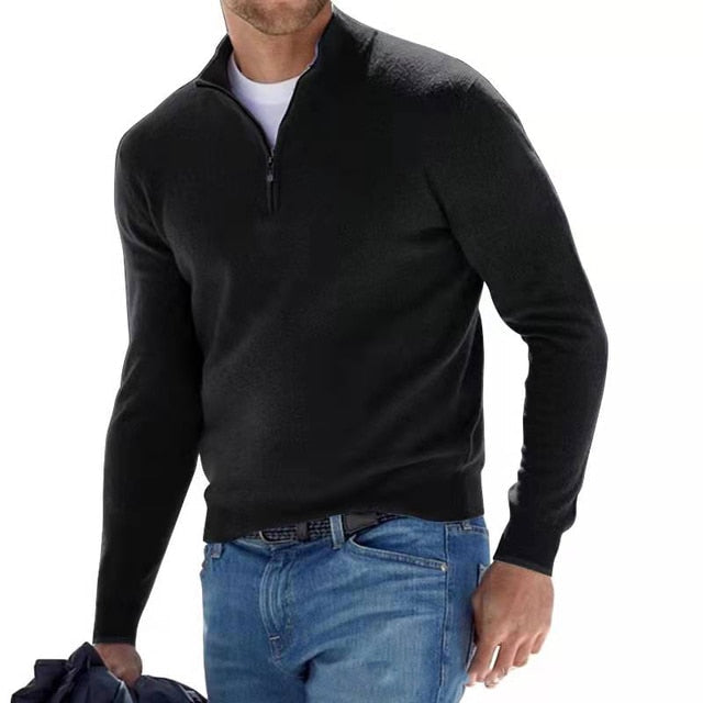 Men's wool knit zip-neck pullover sweater regular fit with ribbed cuffs and hem