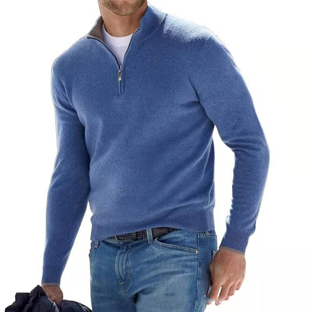 Men's wool knit zip-neck pullover sweater regular fit with ribbed cuffs and hem