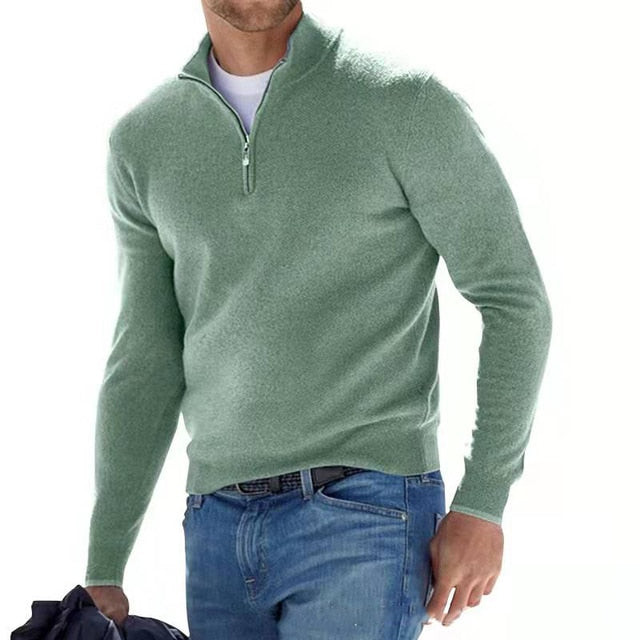 Men's wool knit zip-neck pullover sweater regular fit with ribbed cuffs and hem