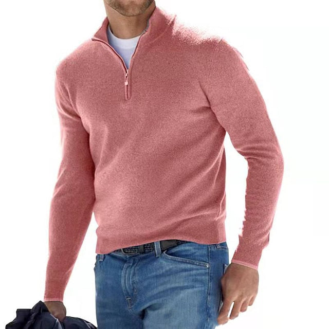 Men's wool knit zip-neck pullover sweater regular fit with ribbed cuffs and hem