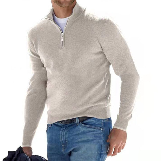 Men's wool knit zip-neck pullover sweater regular fit with ribbed cuffs and hem