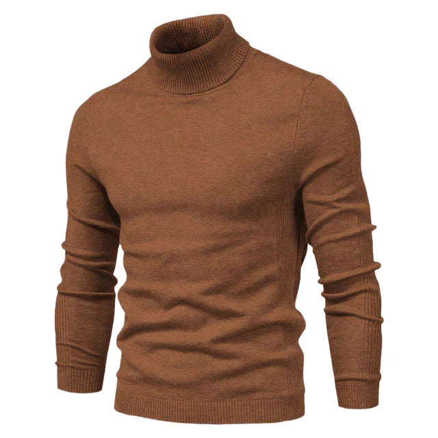 Men's warm knitted turtleneck pullover sweater, cozy high-neck silhouette in soft plush knit fabric