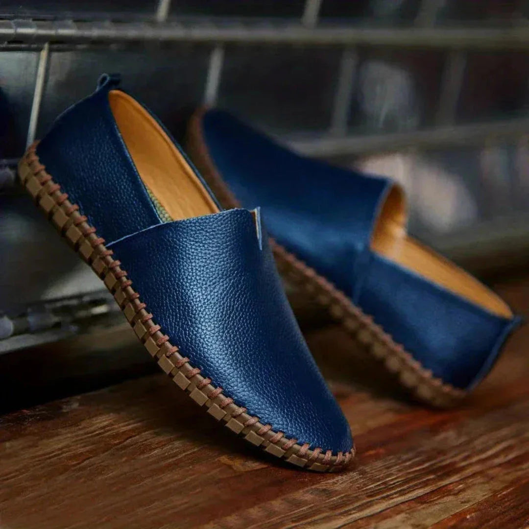 Noah brown genuine leather slip-on loafers with textured grain finish and flexible rubber sole