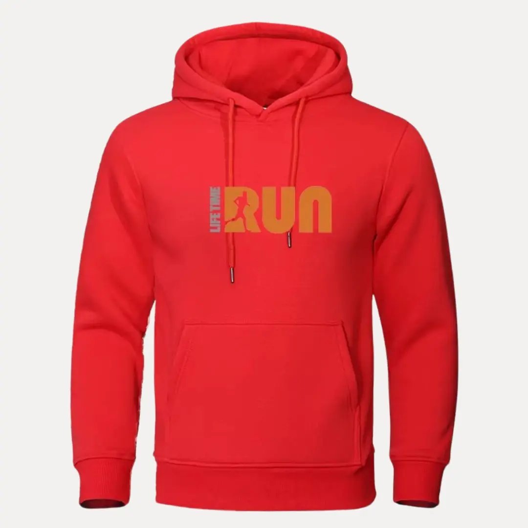 Gray pullover running hoodie with bold LifeTime Run graphic, ribbed cuffs, and kangaroo pocket