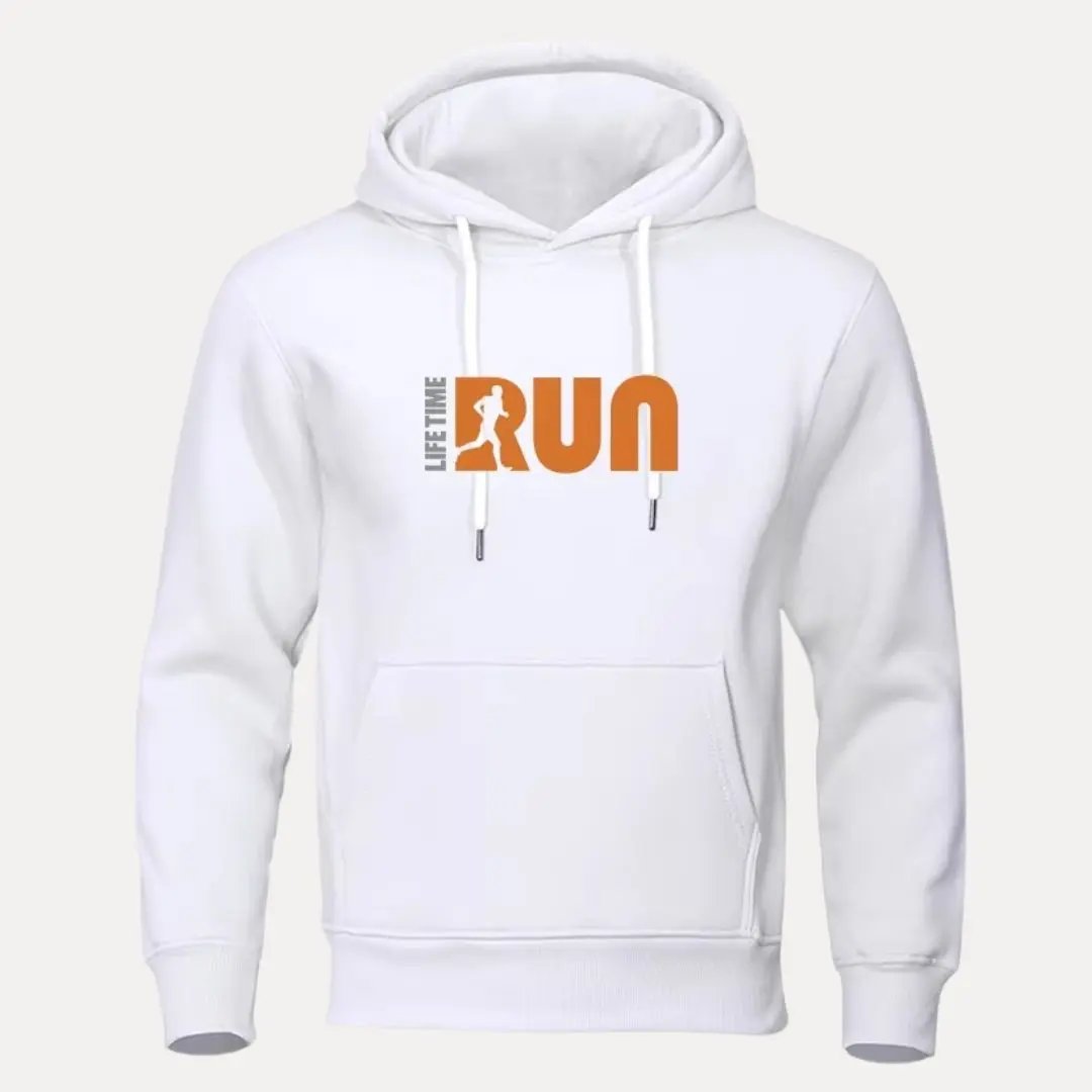 Noah LifeTime Run gray pullover hoodie with bold graphic print, kangaroo pocket, and ribbed cuffs