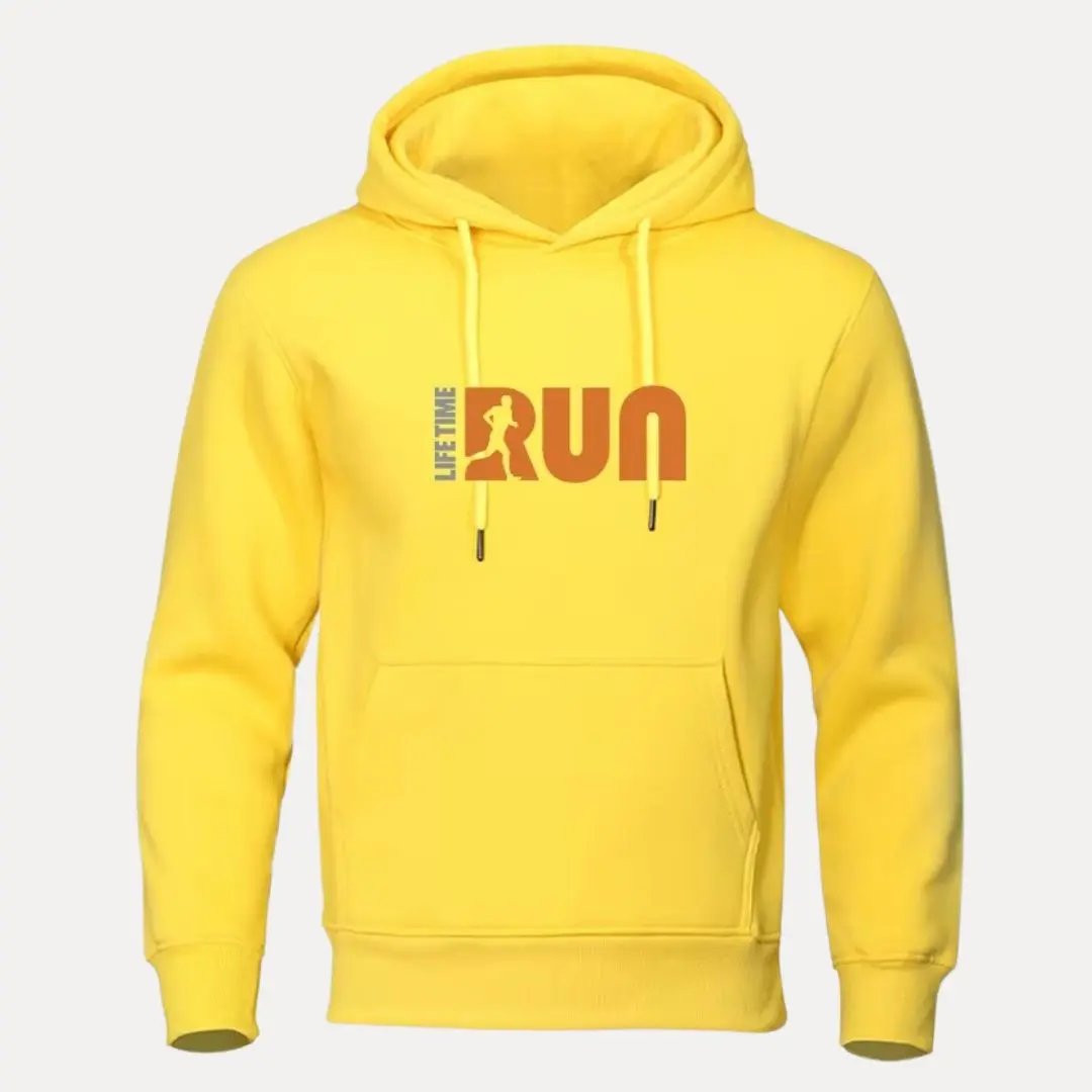 Noah LifeTime Run gray pullover hoodie with bold graphic, kangaroo pocket, ribbed cuffs and drawstring hood