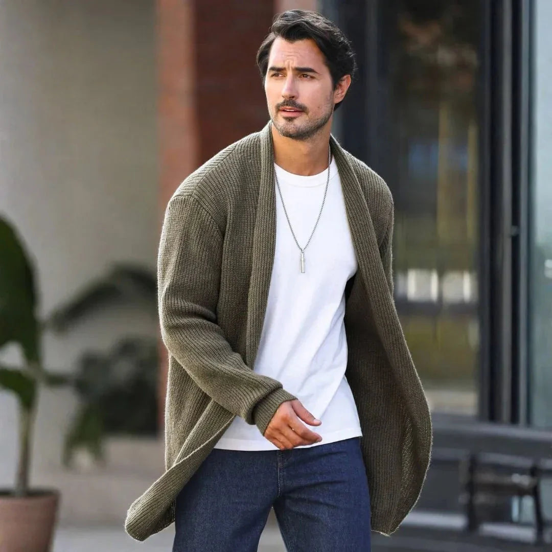Noah longline open-front knit cardigan in neutral tone with ribbed cuffs and relaxed draped fit