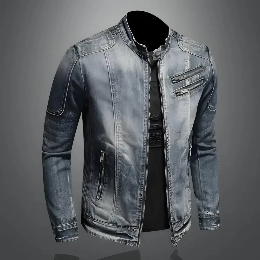 Noah washed blue denim jacket with distressed finish, chest zips, snap collar, streetwear style