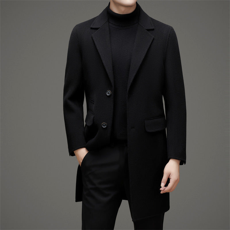 Nobleline tailored slim wool blend overcoat in neutral tone with peak lapel and sculpted shoulders