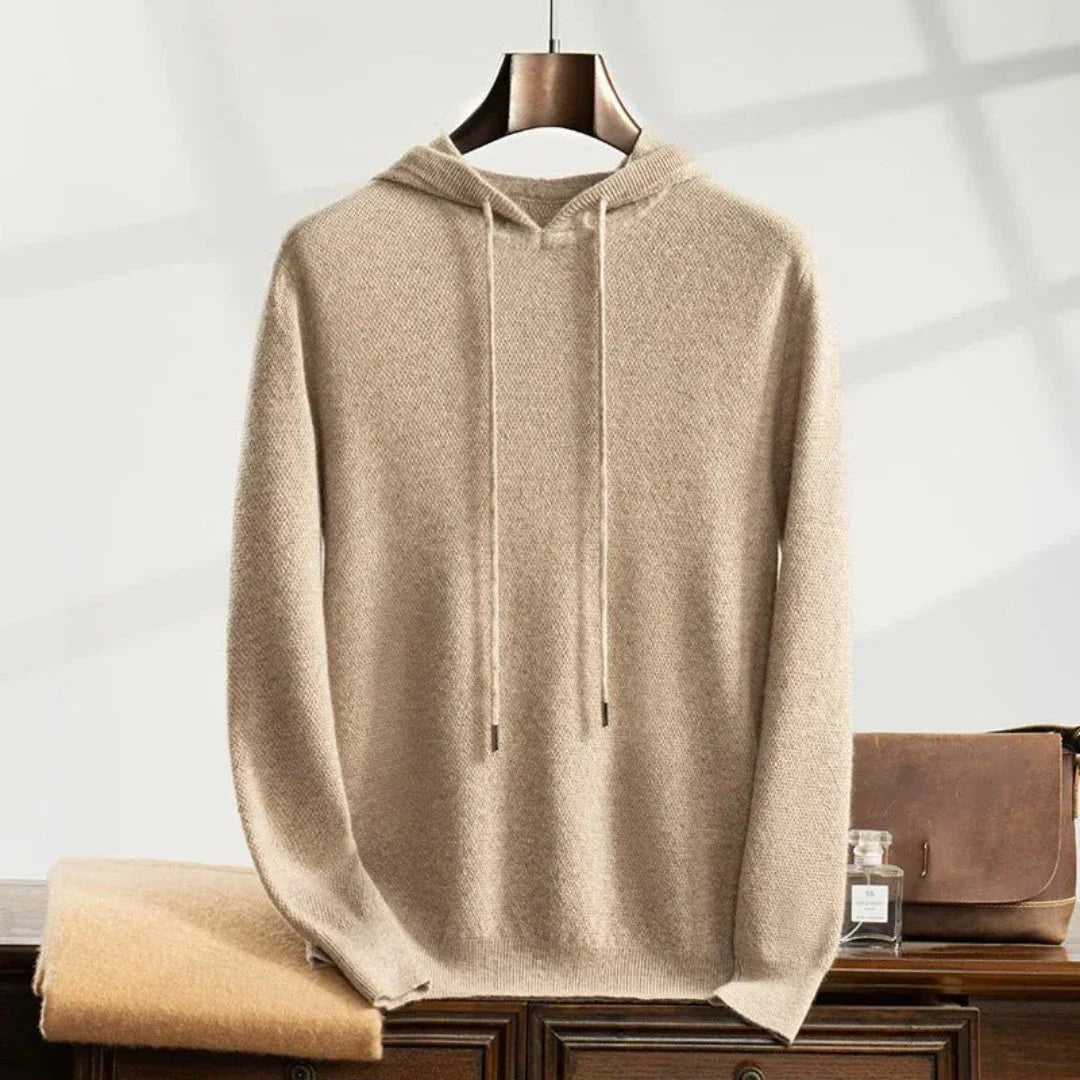 Noel camel cashmere knit hoodie with adjustable drawstring hood and relaxed fit