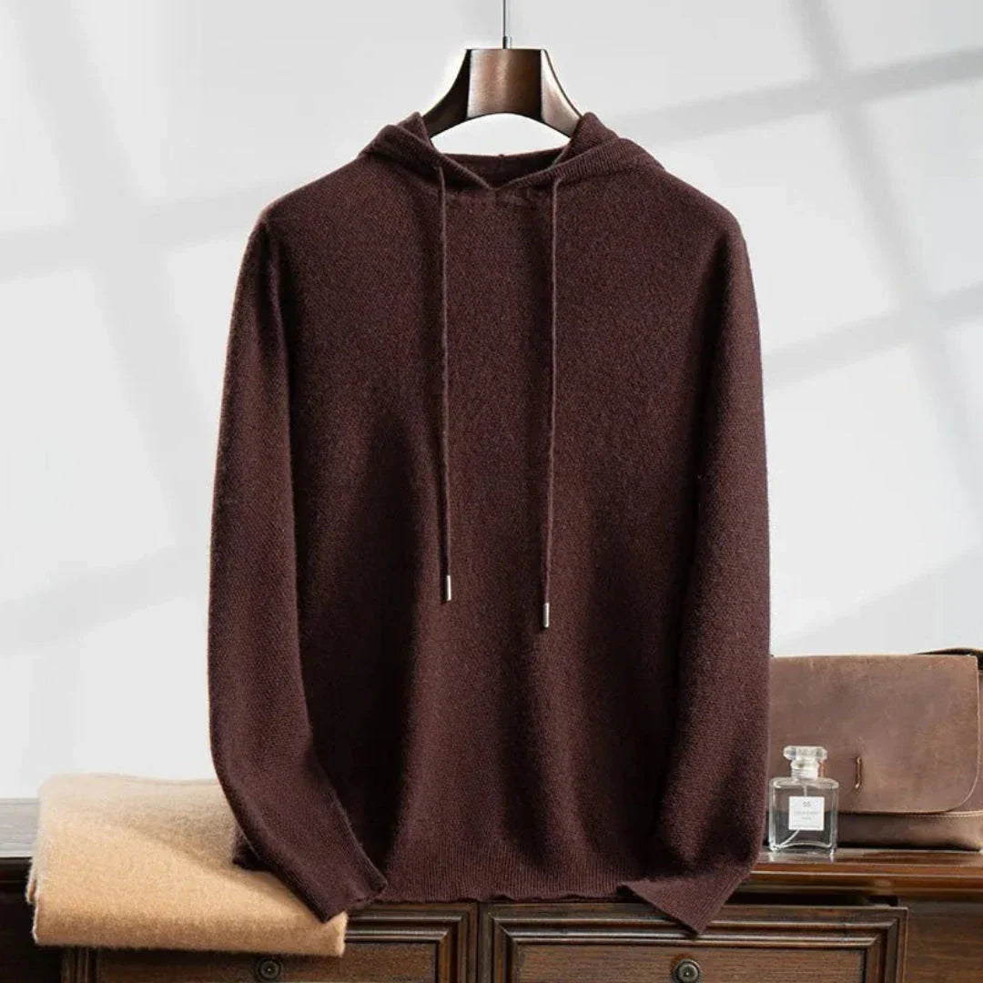 Noel camel cashmere knit hoodie with adjustable drawstring hood and relaxed fit