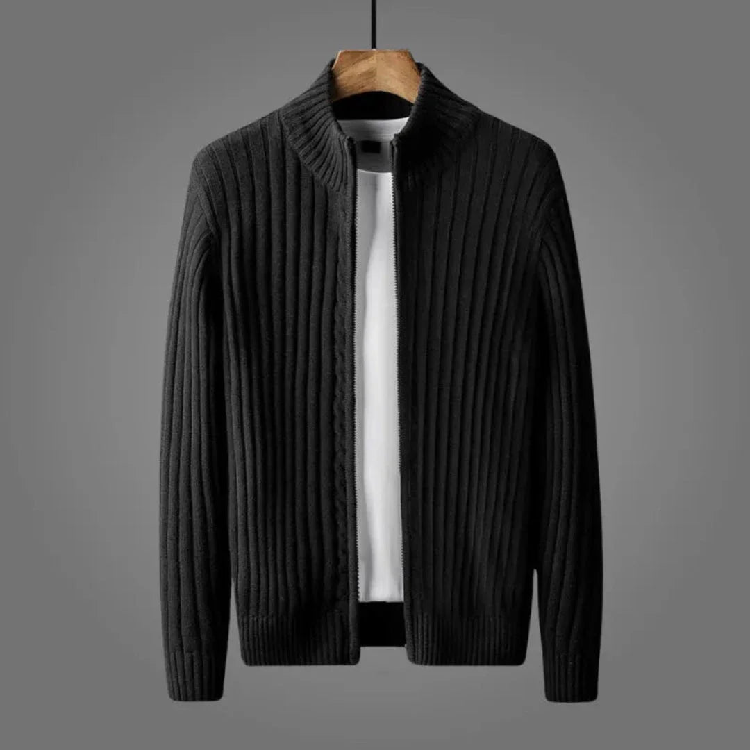 Noel ribbed knit zip-up cardigan in neutral tone, slim fit with full front zipper detail
