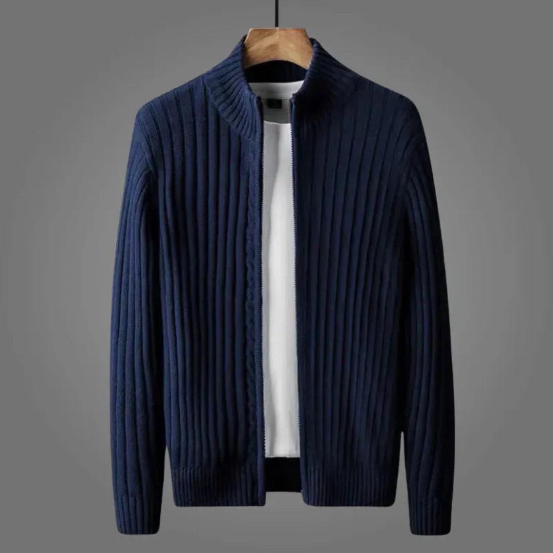 Noel ribbed knit cardigan with full zip-up front, breathable versatile style for casual or smart outfits