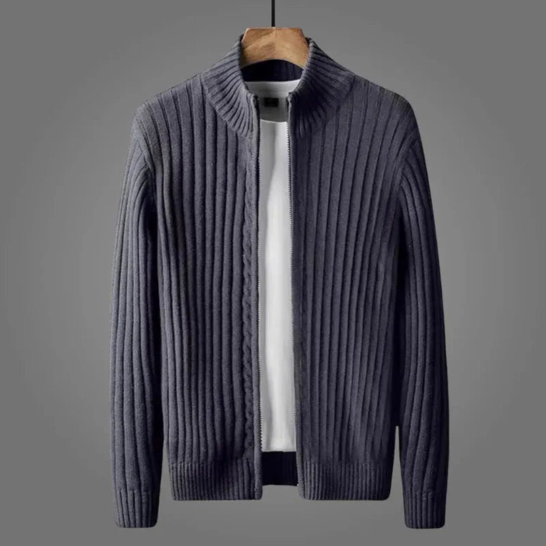 Noel ribbed knit cardigan with full zip-up front, breathable versatile style for casual or smart outfits