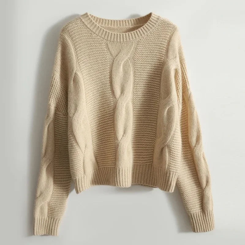 Ivory cashmere blend pullover with sculpted cable-knit panels and relaxed drop-shoulder cut