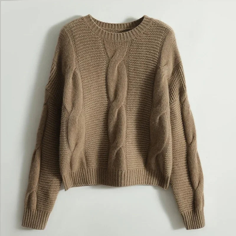 Noelle ivory cashmere blend pullover with sculpted cable-knit panels and relaxed drop-shoulder cut