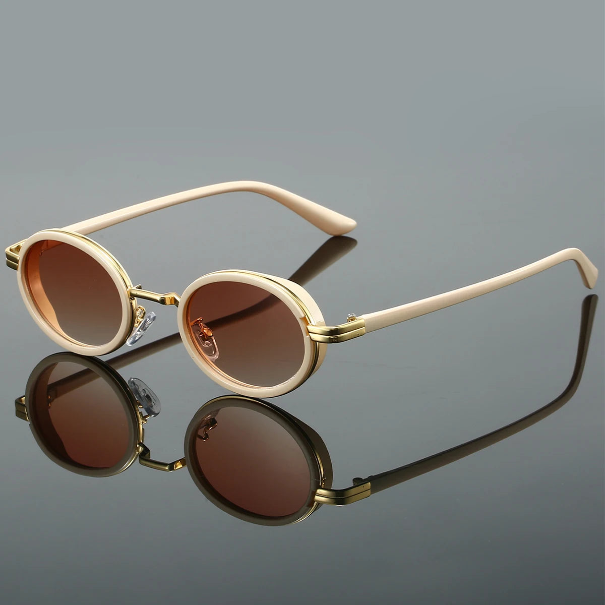 Black steampunk round sunglasses with sleek circular metal frames, dark lenses, and adjustable nose pads