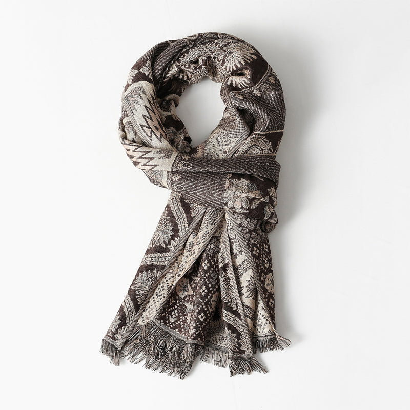 Nolan woven jacquard pattern scarf in rich contrasting tones with fringed edges and intricate weave