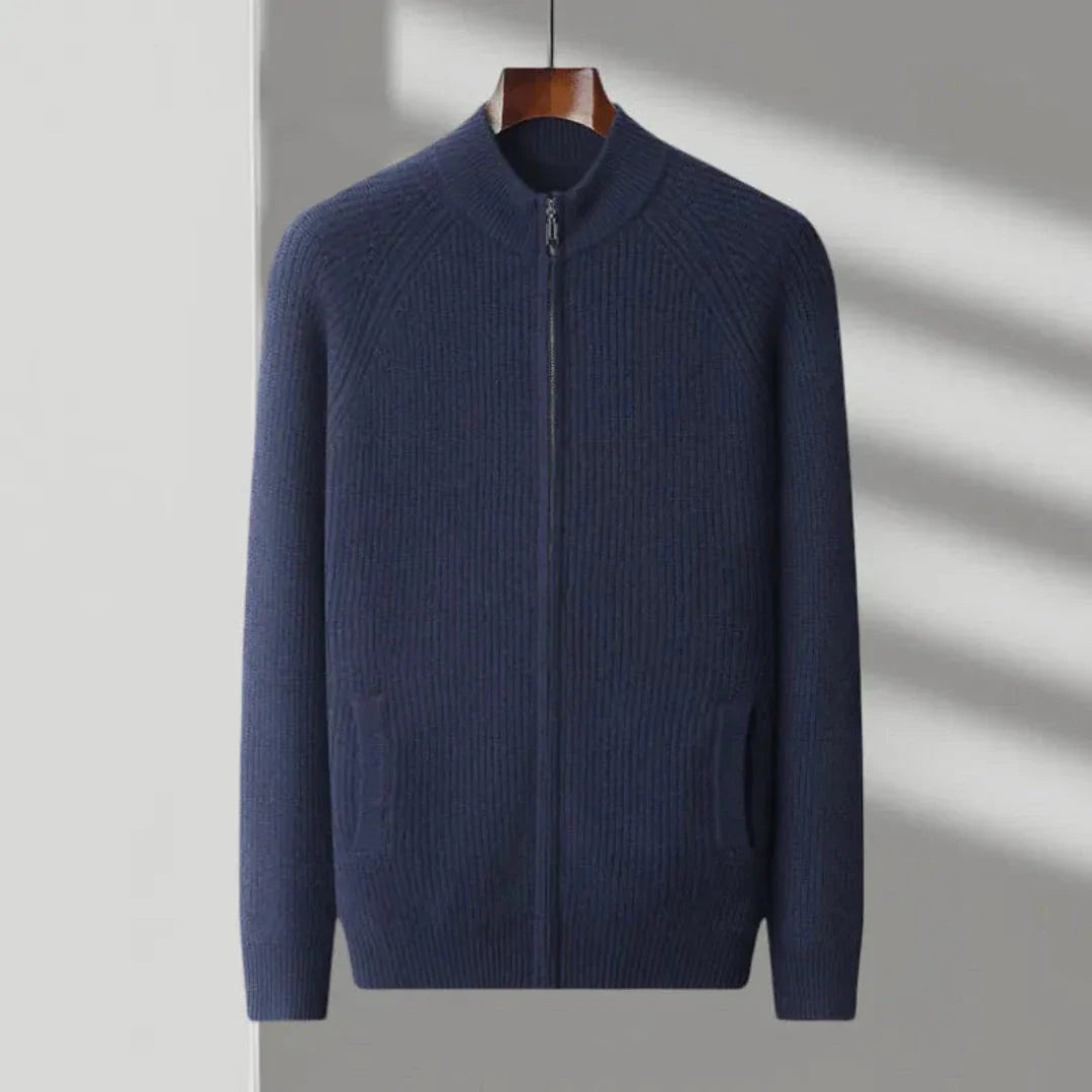 Ivory cashmere ribbed full-zip sweater with high collar and raglan sleeves for layering