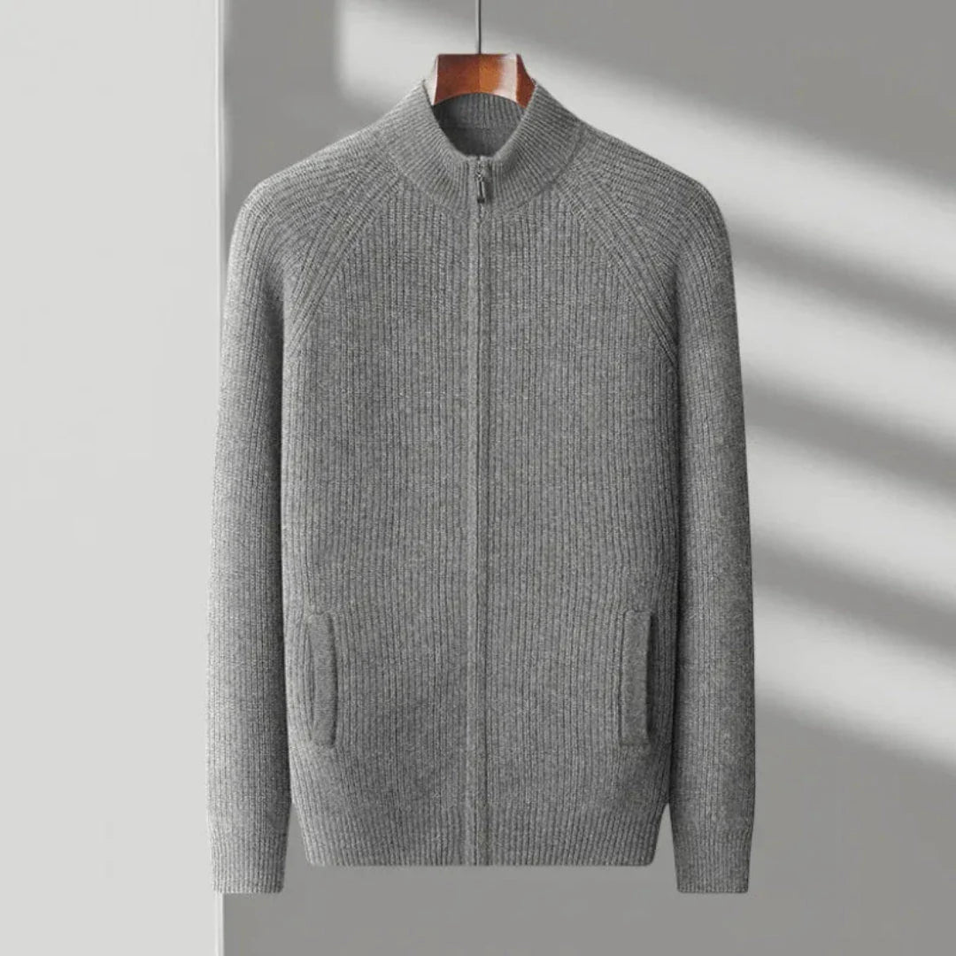 Ivory cashmere ribbed full-zip sweater with high collar and raglan sleeves for layering