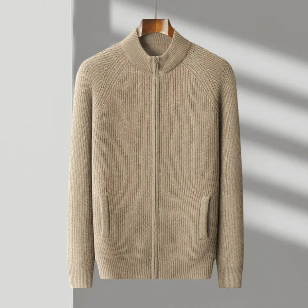 Beige cashmere ribbed full-zip sweater with high collar and raglan sleeves for everyday layering