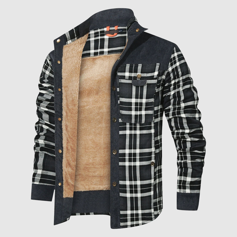 Unisex plaid sherpa jacket with button-up front, cozy lining, cold weather heritage outdoor coat