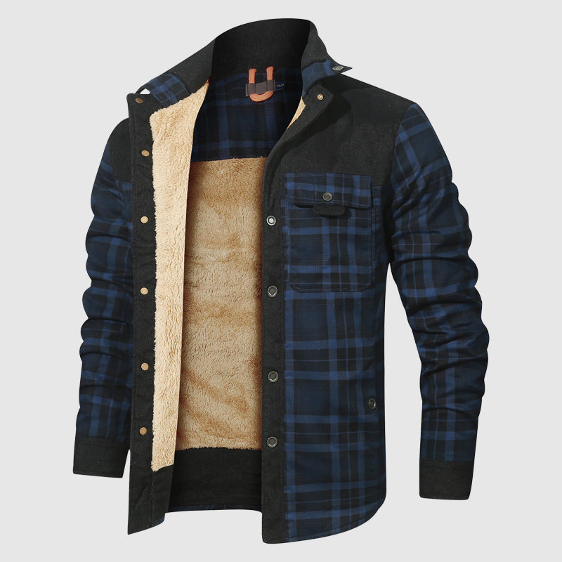 Unisex plaid sherpa jacket with button-up front, cozy lining, and classic heritage style for cold weather