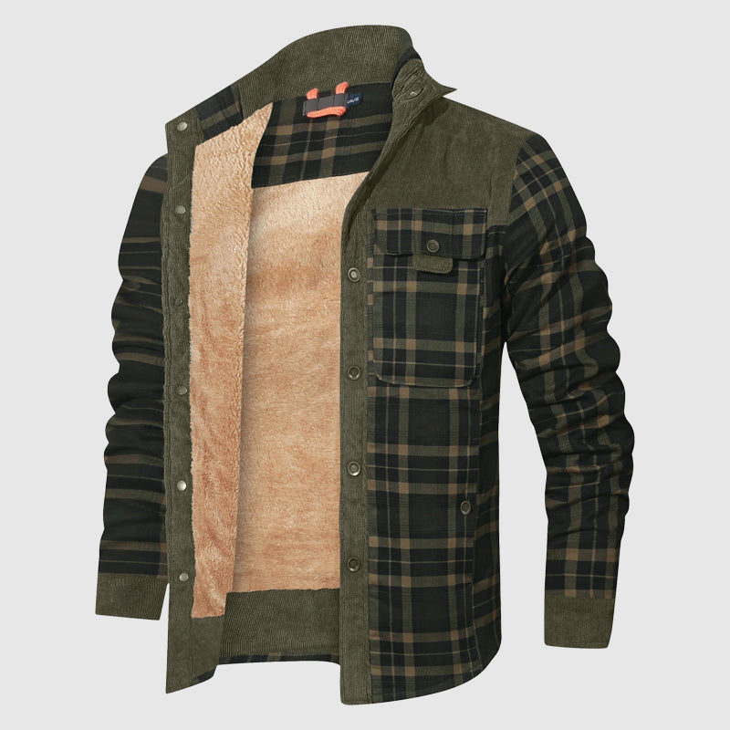 Unisex plaid sherpa jacket with button-up front, cozy lining, cold weather outdoor coat