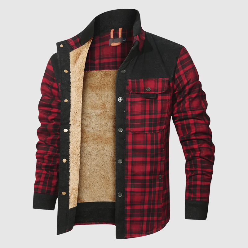 Unisex plaid sherpa outdoor jacket with button-up front, cozy lining, cold weather heritage style coat