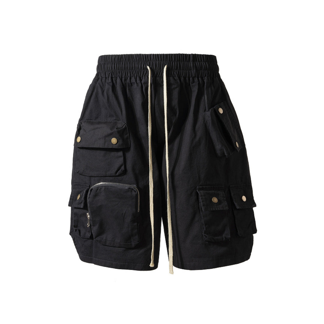 Men's tactical cargo shorts in neutral tone, relaxed fit with multi-pocket design and drawstring waist