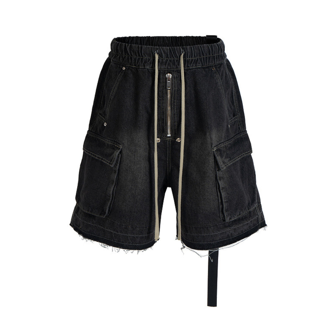 Men's gradient faded denim cargo shorts with elastic waist, distressed edges, and utility pockets