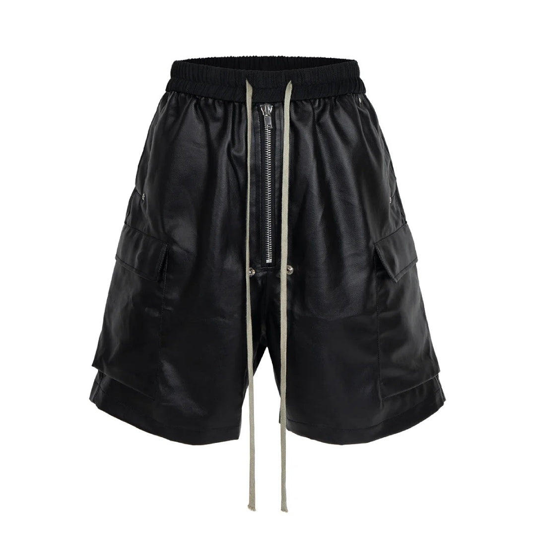 Metallic silver cargo shorts loose fit knee length with zipper waistband and deep cargo pockets