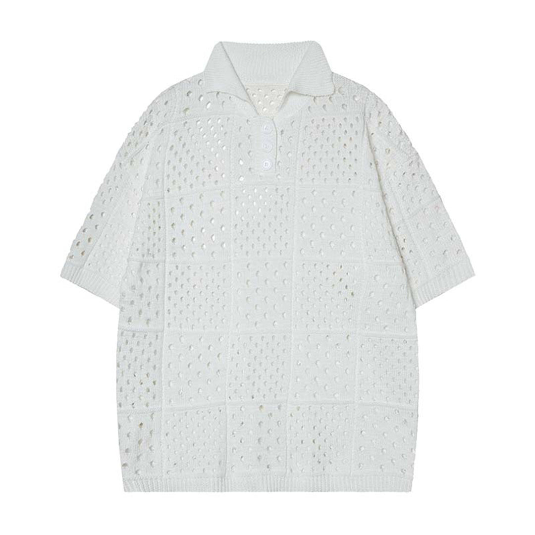 White mesh grid polo shirt with cut-out pattern, turn-down collar, and relaxed loose fit