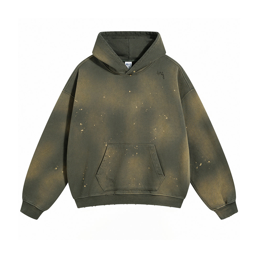 Bleached distressed cotton hoodie oversized loose fit with paint splatter detail and waist pocket