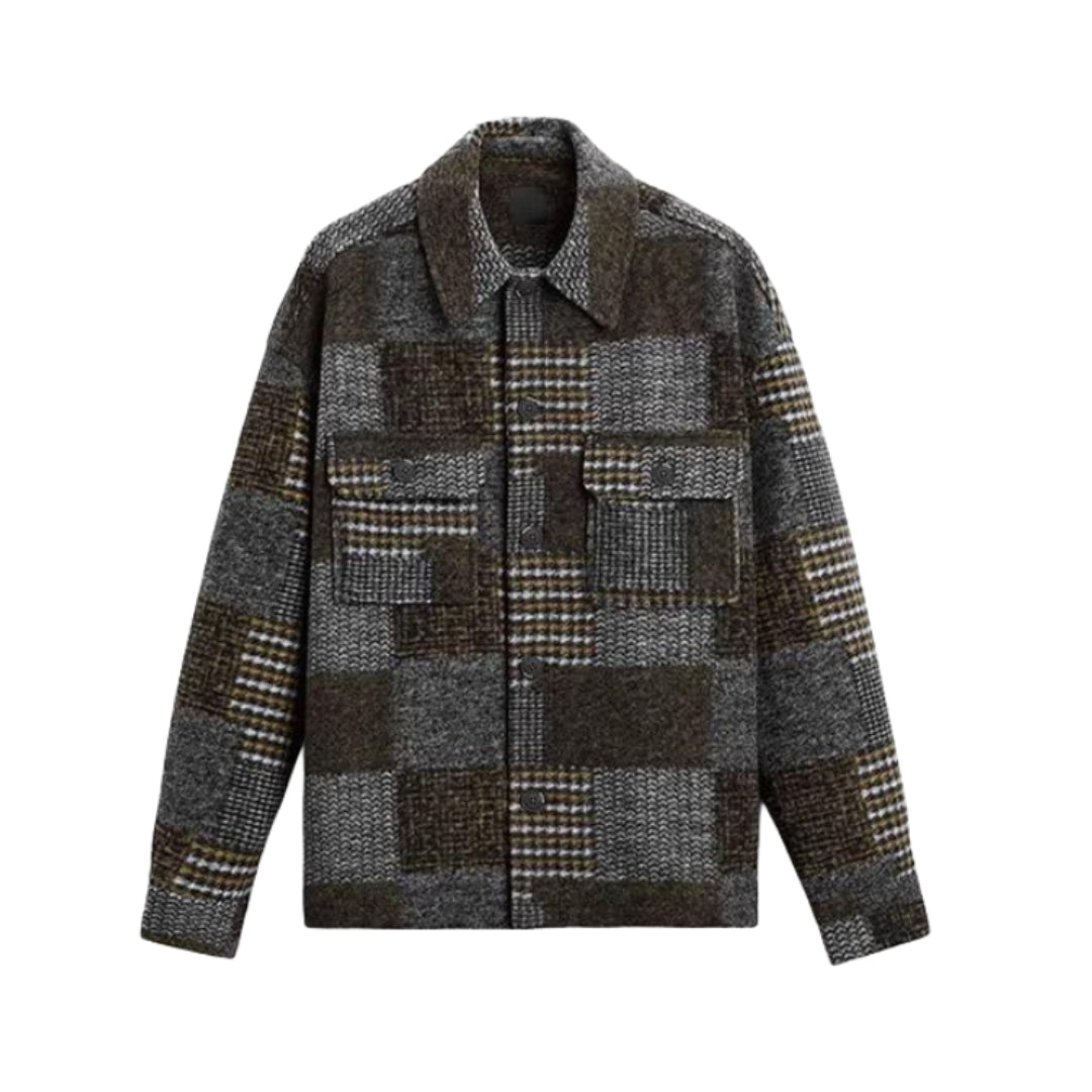 Patchwork plaid shirt jacket in earthy tones with structured fit, buttoned pockets, and zipper closure