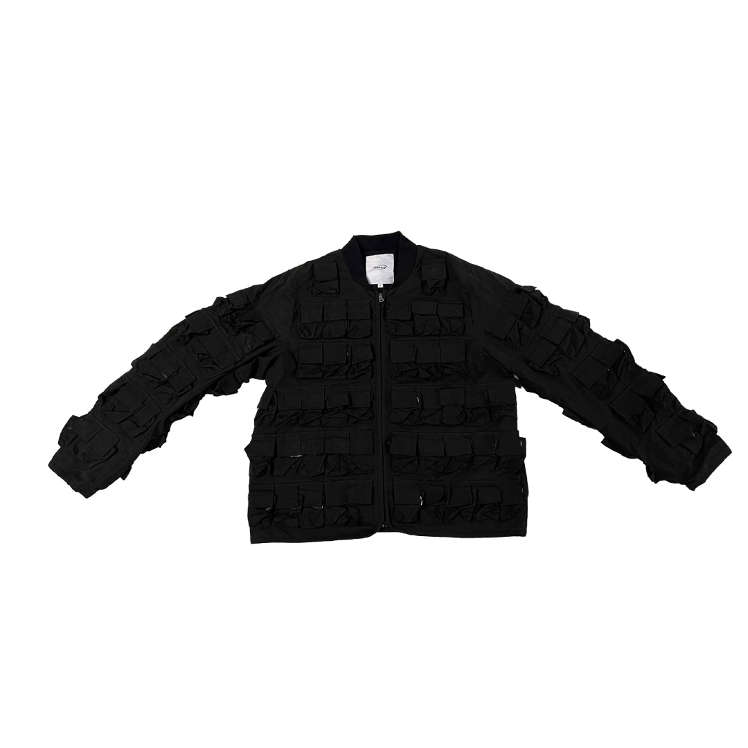 Olive green tactical bomber jacket with zip-up front and 3D multi-pocket cargo design on body and sleeves