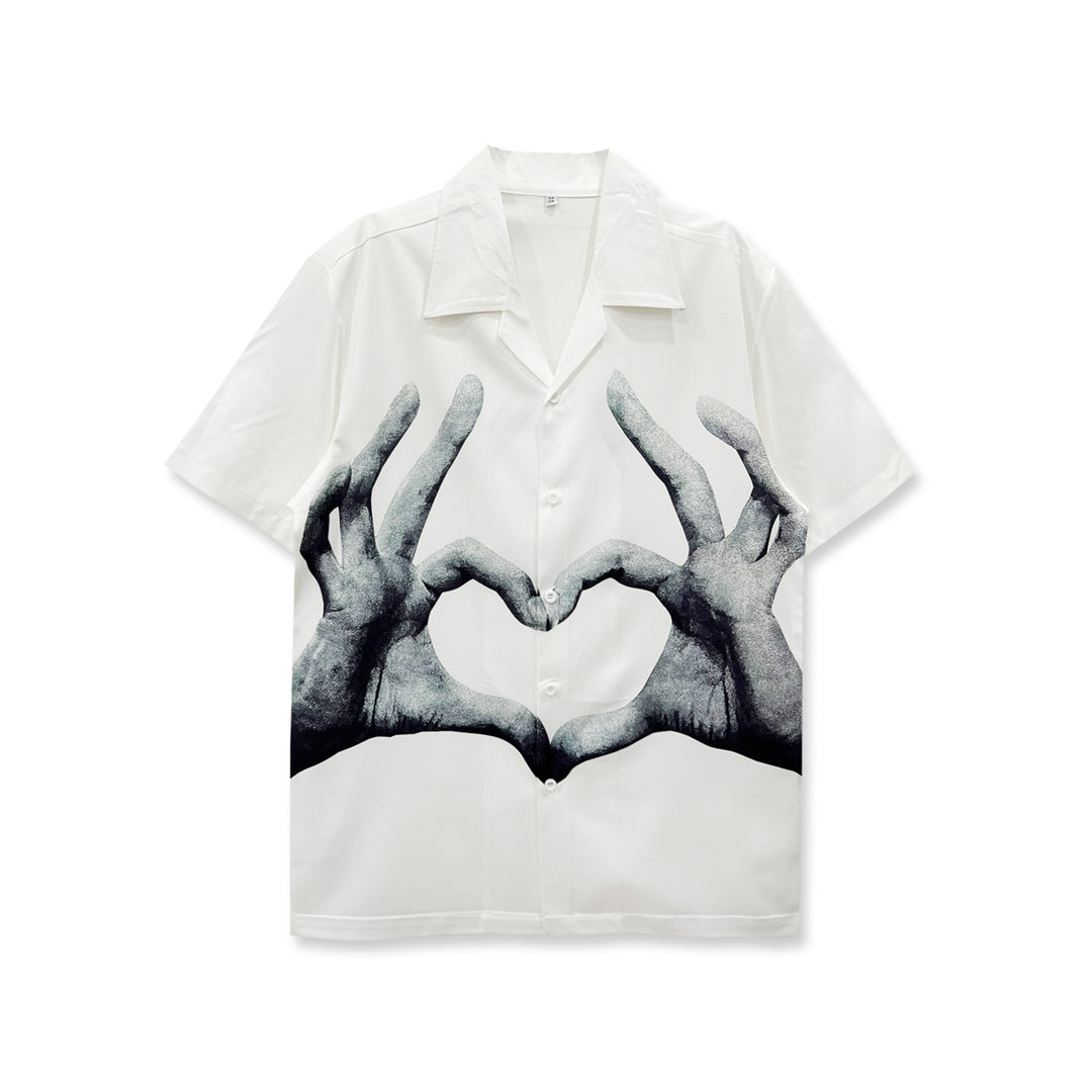 Black white camp collar shirt bold monochrome handprint street art graphic relaxed modern fit