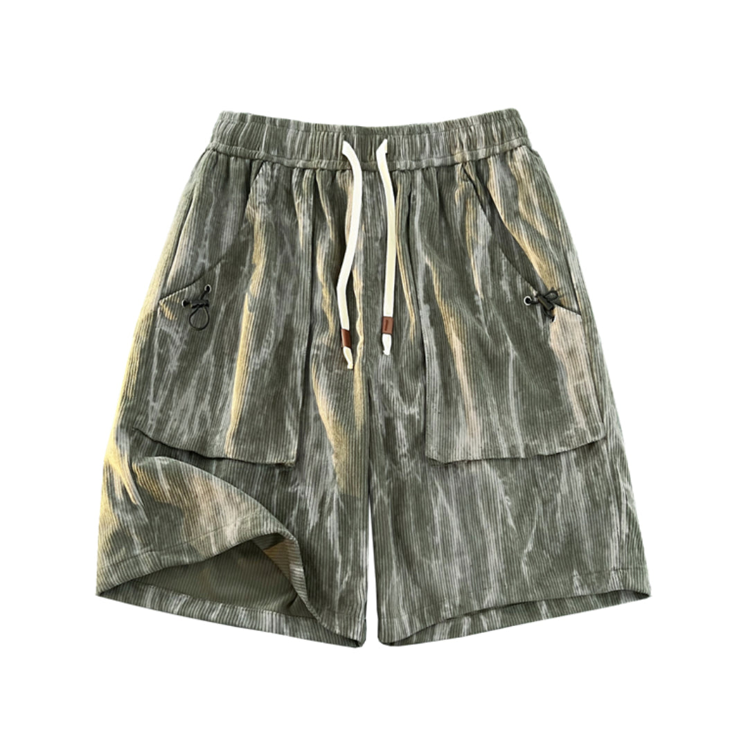 Marble tie-dye corduroy shorts with elastic drawstring waist and bold patchwork pattern