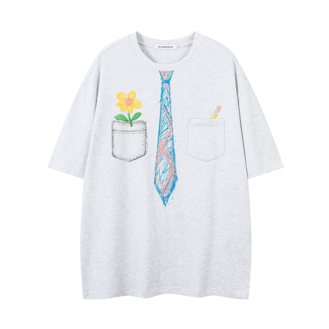 White loose fit cotton tee with crayon-inspired childhood sketch graphic print and round neck