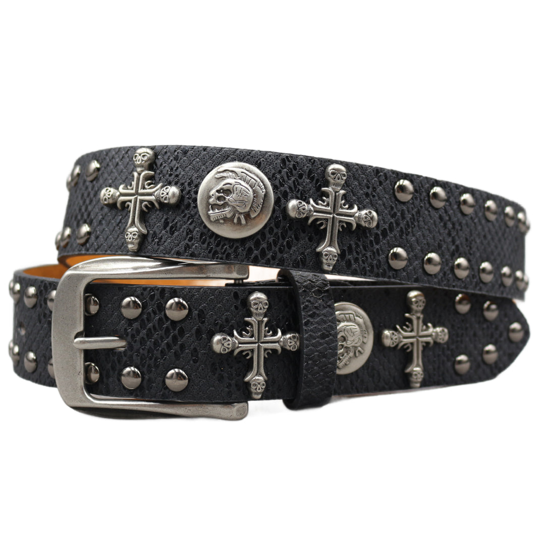 Black vegan leather studded belt with metal skull and cross hardware, bold edgy accessory